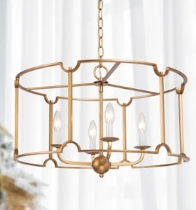 lot 13059 image: Mid-century Modern 4-Light Metal Drum Chandelier with Antique Gold Frame - D22xH15- Retail$273.49