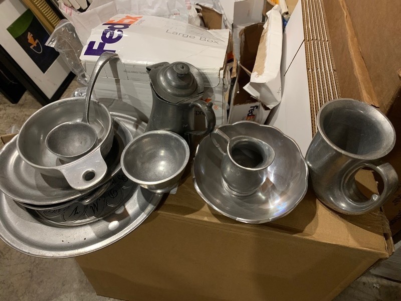 lot 124 image: Nice Pewter Set w Serving Plates, cream holders, water vase, and more