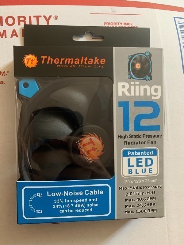 lot 215 image: Thermaltake Riing 12 High Static Pressurr Radiator Fan Patented LED Blue. Comes with Low-Noise Cable
