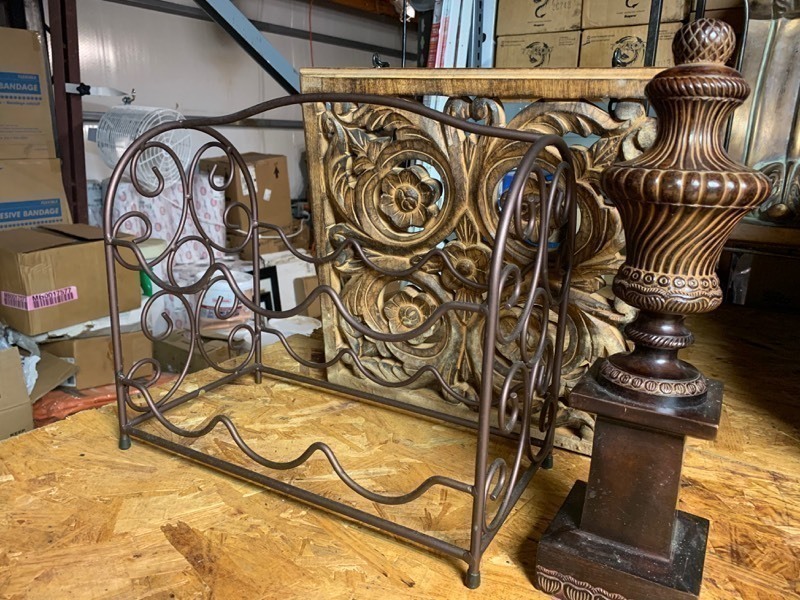 lot 415 image: Decor Bundle Set (3) Wine Rack, Wooden Art, and Heavy Metal Solid Decor Piece