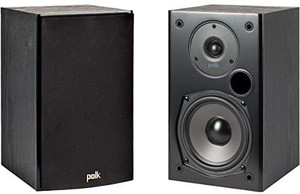 lot 104 image: Polk Audio T15 100 Watt Home Theater Bookshelf Speakers Hi-Res Audio with Deep Bass Response  Dolby and DTS Surround  Wall-Mountable Pair, Black