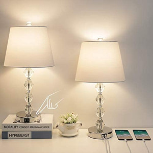 lot 5706 image: Touch Control Crystal Table Lamp Set of 2, 3 Way Dimmable Bedside Lamp with 2 USB Charging Ports, Modern Nightstand Lamp with White Shade, USB Touch Lamp for Living Room Bedroom, 6W Bulbs Included