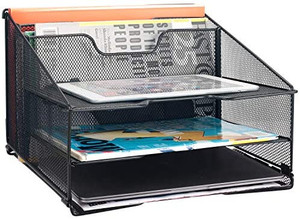 lot 5723 image: Samstar Mesh Desk File Organizer Letter Tray Holder, Desktop File Folder Holder with 3 Paper Trays and 2 Vertical Upright Section, Black.
