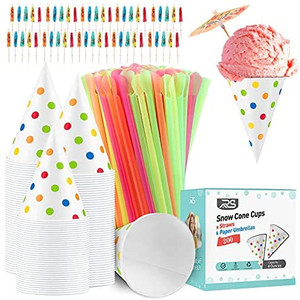 lot 5742 image: Ruisita 600 Summer Snow Cone Cups and Spoon Straws Polka Dot Paper Cone Cups and Paper Umbrellas Snow Cone Kit for Party Treats