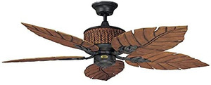 lot 21937 image: Concord Fans Fernleaf Breeze 52  Tropical Ceiling Fan  Bohemian style iron and 5 leaves  Wet Qualification with Quiet Motor and Down Rod Mount  Customizable light kit, rustic brown