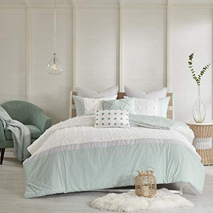 lot 22546 image: Urban Habitat Duvet Set 100% Cotton Jacquard, Tufts Accent, Shabby Chic All Season Comforter Cover, Matching Shams, Decorative Pillows Myla, AquaIvory KingCal King(104x92) 7 Piece Never Opened