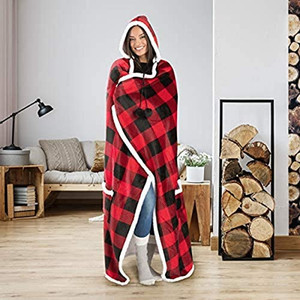 lot 22592 image: Safdie & Co. Premium Wearable Hooded Blanket for Adult Women and Men 71x51 - Super Soft, Lightweight, Microplush, Cozy and Functional Throw Blanket (Buffalo Plaid Red & Black)