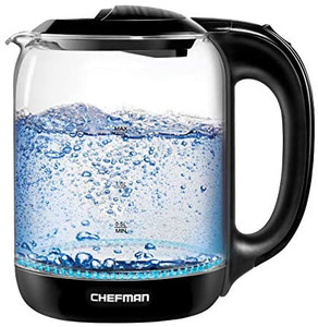 lot 222572 image: Chefman 1.7 Liter Electric Glass Tea Kettle, Fast Hot Water Boiler, One Touch Operation, Boils 7 Cups, Swivel Base & Cordless Pouring, Auto Shut-Off