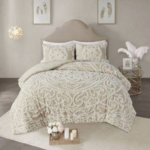 lot 9676 image: 3pc FullQueen Cecily Cotton Chenille Medallion Comforter Set - Taupe