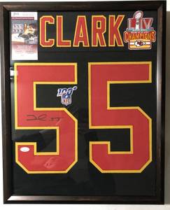 lot 1004 image: Signed Frank Clark #55 Framed  Kansas City Chiefs Custom Alternate Black Jersey with James Spence Witnessed Authentication