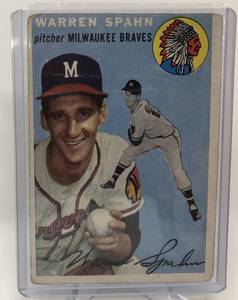 lot 1020 image: Original 1954 Topps Warren Spahn Milwaukee Braves Baseball Card