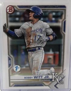 lot 1039 image: 2021 Bowman Bobby Witt Jr 1st Edition Kansas City Royals Baseball Card