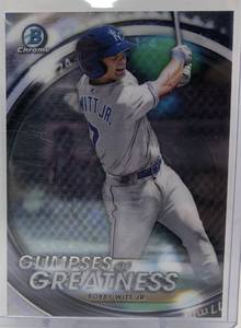 lot 1041 image: 2020 Bowman Chrome Bobby Witt Jr Glimpes of Greatness Kansas City Royals Insert Prospect
