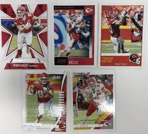 lot 1084 image: Five Travis Kelce Kansas City Chiefs Football Cards - All for One Money - Score, Absolute, Rookies & Stars, Donruss