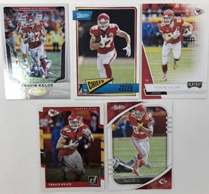 lot 1085 image: Five Travis Kelce Kansas City Chiefs Football Cards - All for One Money - Absolute, Donruss, Playoff, Classics, Certified