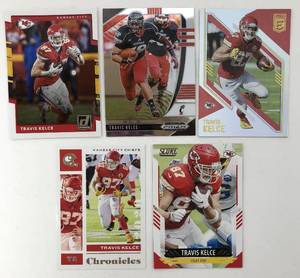 lot 1088 image: Five Travis Kelce Kansas City Chiefs Football Cards - All for One Money - Donruss, Prizm, Elite, Chronicles, Score