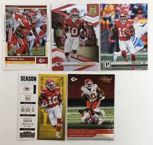 lot 1089 image: Five Tyreek Hill Kansas City Chiefs Football Cards - All for One Money - Score, Elite, Pantheon, Contenders, Certified Cuts