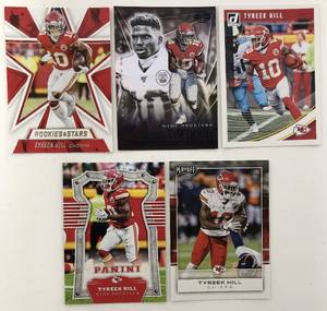 lot 1090 image: Five Tyreek Hill Kansas City Chiefs Football Cards - All for One Money - Rookies & Stars, Illusions, Donruss, Panini