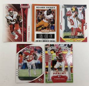 lot 1091 image: Five Tyreek Hill Kansas City Chiefs Football Cards - All for One Money - Rookies & Stars, Contenders, Score, Absolute, Panini