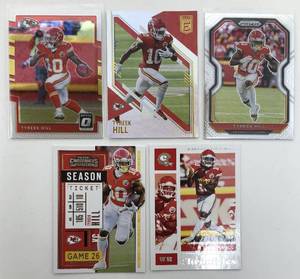 lot 1092 image: Five Tyreek Hill Kansas City Chiefs Football Cards - All for One Money - Optic, Elite, Prizm, Contenders, Chronicles