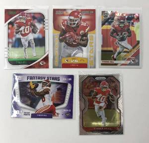 lot 1093 image: Five Tyreek Hill Kansas City Chiefs Football Cards - All for One Money - Absolute, Panini, Optic, Score, Prizm