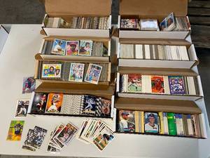 lot 1181 image: Approx 5000 Mixed Sports Cards Unsearched in Set Boxes Including Topps Donruss and Stadium Club 80s and 90s