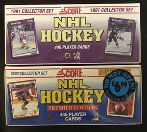 lot 1144 image: Two Sealed Complete Score Hockey Factory Sealed Sets - 1990 with Eric Lindros, Jagr, Brodeur Rookies & 1991