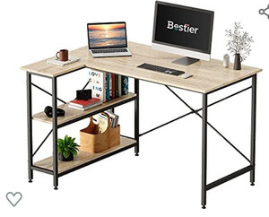 lot 1525 image: Bestier Small L Shaped Desk with Shelves 47 Inch Reversible Corner Computer Desk Item#D244X-OAK