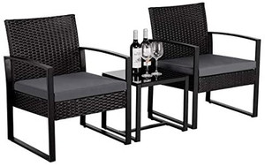 lot 1090 image: Yaheetech 3 Pieces Bistro Set Wicker Patio Furniture Modern Rattan Chair Conversation Sets IndoorOutdoor with Coffee Table & Gray Cushion