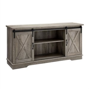 lot 1111 image: 58 Sliding Barn Door TV Console - Grey Wash