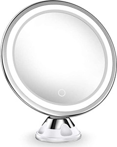 lot 2028 image: Venigo Upgraded 10x Magnifying Lighted Makeup Mirror with Touch Control LED Lights, 360 Degree Rotating Arm, and Powerful Locking Suction Cup, Portable Magnifying Mirror for Home, Bathroom Vanity, and Travel