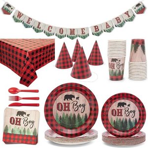 lot 2032 image: Serves 24 Oh Boy Lumberjack Baby Shower Party Supplies, 122PCS Plates Napkins Cups Utensils Banners Table Cover, Buffalo Plaid Favors Decorations Disposable Paper Tableware Kit Set for Baby Boys