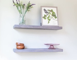 lot 2045 image: Willow & Grace Grey Floating Shelves - 24 inch Floating Shelves, Barnwood Shelves Easily Mounted  Perfect Floating Shelf for Bedroom, Bathroom and Kitchen  Rustic Grey (24 Set of 2)