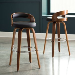 lot 2116 image: OFM 161 Collection Mid Century Modern 30 Low Back Bentwood Frame Swivel Seat Stool with Fabric Back and Seat Cushion, in WalnutNavy (161-WF30C-NVY)