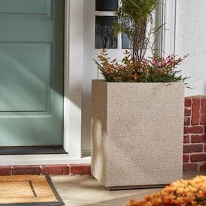 lot 9023 image: PolyStone Cozumel Tall Modern OutdoorIndoor Column Planter, Lightweight, Heavy Duty, Weather Resistant, Polymer Finish, Commercial Grade and Residential, 23L x 18W x 30H, Greige