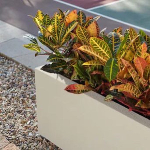 lot 9026 image: PolyStone Milan Tall Modern OutdoorIndoor Rectangular Trough Planter, Lightweight, Heavy Duty, Weather Resistant, Polymer Finish, Commercial Grade and Residential, 46L x 17W x 19H, Greige