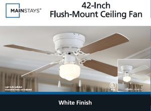 lot 1038 image: Mainstays 42-Inch Flush-Mount Ceiling Fan - White Finish - New