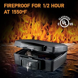 lot 16633 image: Locked SentrySafe H0100 Fire-Resistant Box Safe and Water-Resistant Safe with Key Lock, 0.17 Cu. ft., Black