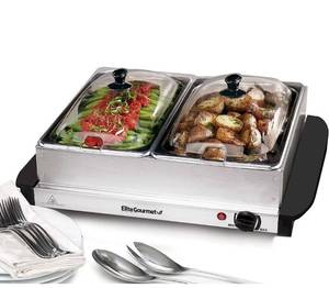 lot 16645 image: Elite Gourmet EWM-6122 Dual Pan Buffet Server Food Warmer, Temperature Control, Clear Slotted Lids, Perfect for Parties, Entertaining & Holidays (5 Quart, Stainless Steel)