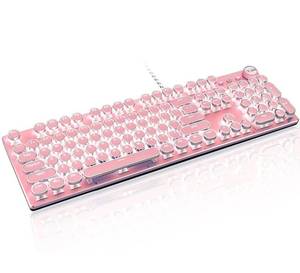 lot 16669 image: Basaltech Pink Mechanical Gaming Keyboard, Retro Steampunk Vintage Typewriter-Style Keyboard with LED Backlit, 104-Key Anti-Ghosting Blue Switch Wired USB Metal Panel Round Keycaps, for Game&Office