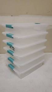 lot 16718 image: Sterilite 19638606 Large Clip Box, Clear with Blue Aquarium Latches, 6-Pack