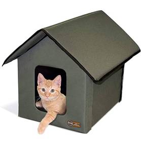 lot 16726 image: K&H Pet Products Outdoor Kitty House Cat Shelter (Unheated) Olive 18 X 22 X 17 Inches