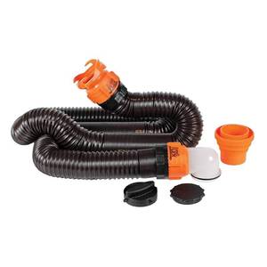 lot 16740 image: Camco RhinoFLEX 15ft RV Sewer Hose Kit, Includes Swivel Fitting and Translucent Elbow with 4-In-1 Dump Station Fitting, Storage Caps Included (39761)