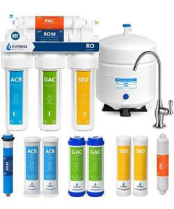 lot 16745 image: Express Water RO5DX Reverse Osmosis Filtration NSF Certified 5 Stage RO System with Faucet and Tank - Under Sink Water Plus 4 Filters � 50 GPD, 14 x 15 x 5, White
