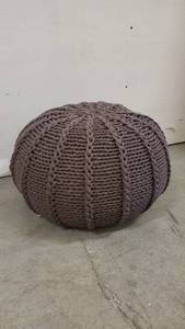 lot 16750 image: SIMPLIHOME Landry Round Hand Knit Pouf, Footstool, Upholstered in Brown Cotton, for the Living Room, Bedroom and Kids Room, Transitional, Modern, 18 Wide