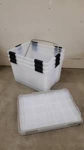 lot 16752 image: IRIS USA 74 Quart Weathertight Plastic Storage Bin Tote Organizing Container Lot of 3