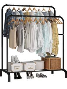 lot 16773 image: UDEAR Garment Rack Freestanding Hanger Double Rods Multi-functional Bedroom Clothing Rack, Black