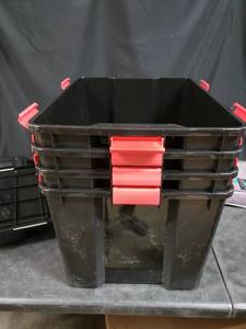 lot 2877 image: Large 20 Gal Locking Storage totes, Blackred