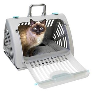 lot 2897 image: SportPet Designs Foldable Travel Cat Carrier with A Waterproof Bed - Front Door Plastic Collapsible Carrier, Gray