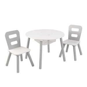 lot 2946 image: KidKraft Round Storage Table & 2 Chair Set - Gray & White